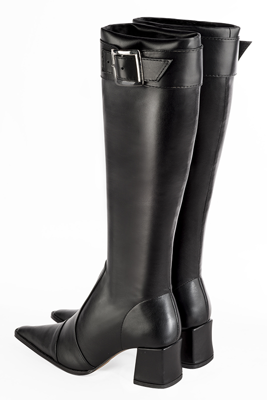 Satin black women's feminine knee-high boots. Tapered toe. Medium block heels. Made to measure. Rear view - Florence KOOIJMAN